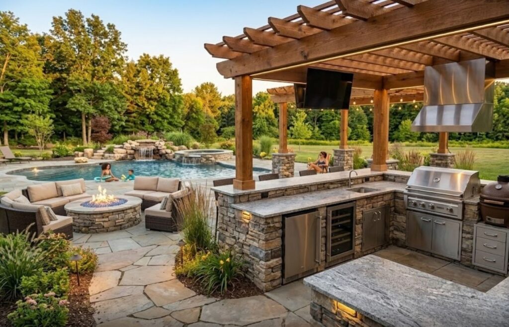 A custom-designed outdoor kitchen next to a custom-designed pool from B&B Pools.