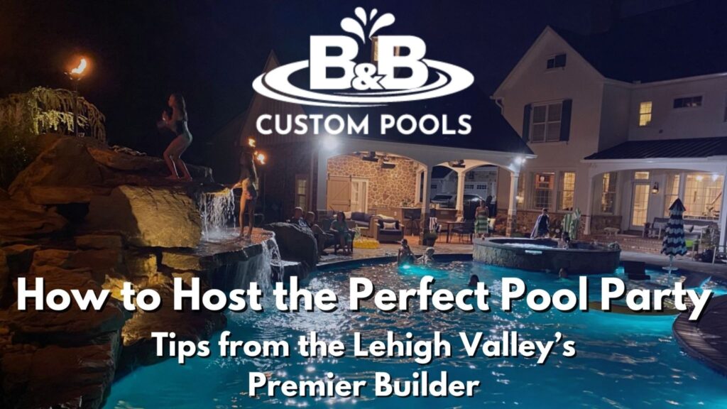 An outdoor pool party at night at a custom-designed pool from B&B Pools.