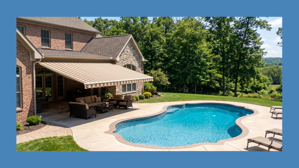 A round custom pool in the backyard of a New England home,