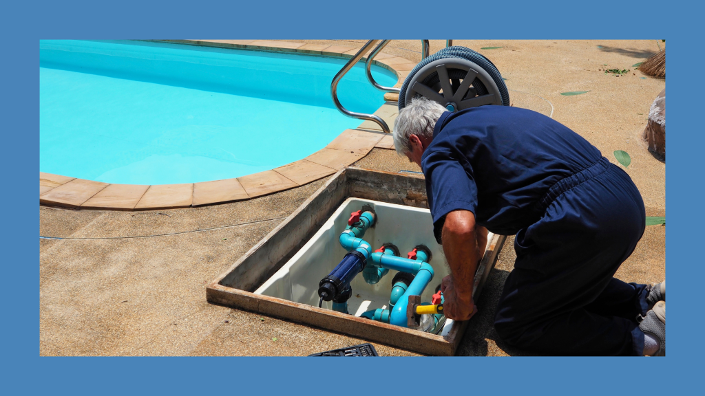 A pool maintenance engineer checking and fine-tuning the pool's system.