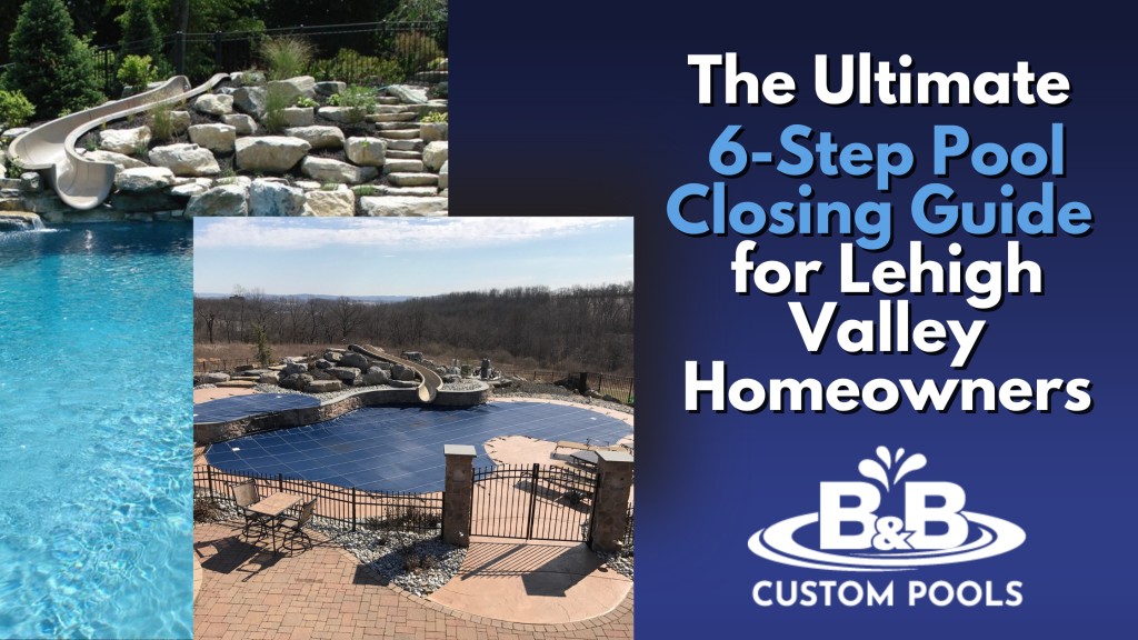 Side-by-side view of custom pools, complete with custom rock formations and a tube slides. One in the peak of summer, open and crystal clear. One is closed for the winter with a custom-fitted safety cover.