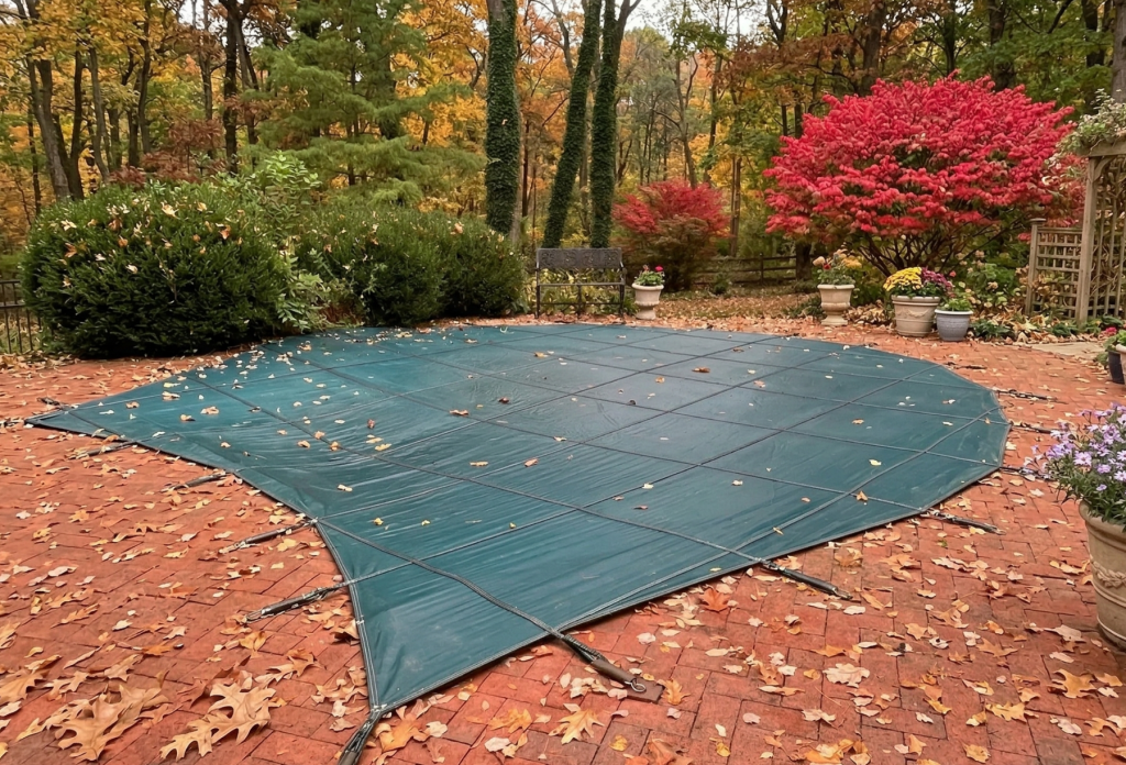 A small backyard pool in an autumnal scene, covered by a custom-fitted safety cover.