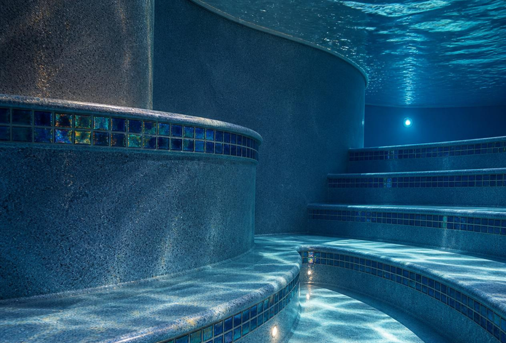 Underwater view of a newly installed tiled steps following an off-season pool renovation.